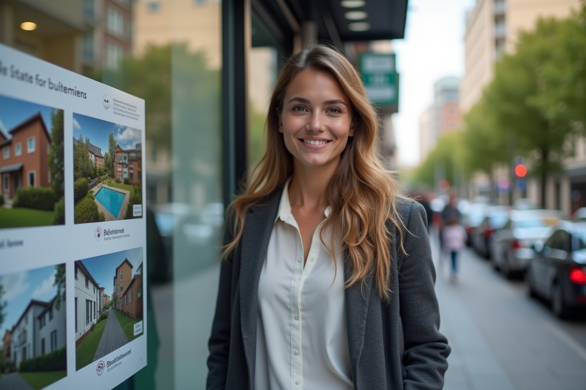 Jeune femme devant une agence immobiliere avec annonces