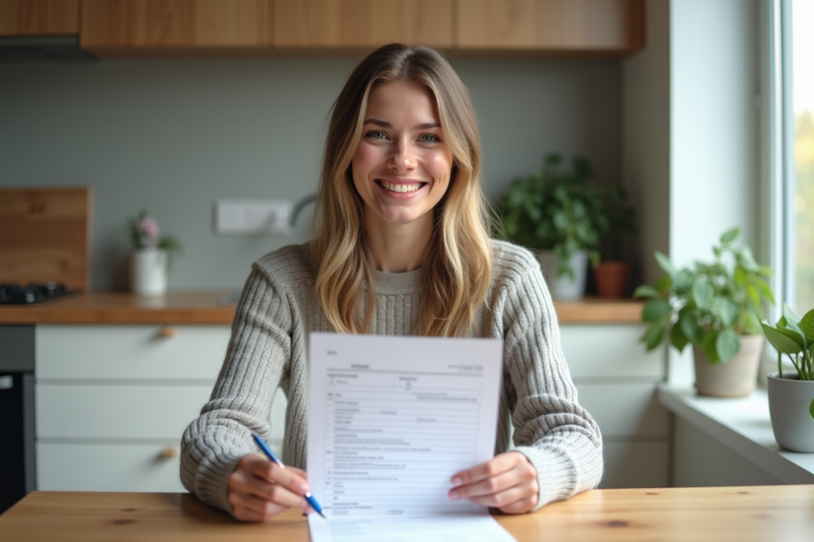Jeune femme souriante tenant un formulaire Visale dans une cuisine lumineuse