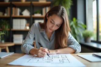 Jeune femme esquissant un plan d'architecture dans un bureau moderne