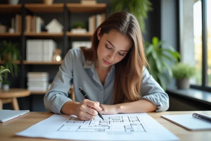 Jeune femme esquissant un plan d'architecture dans un bureau moderne