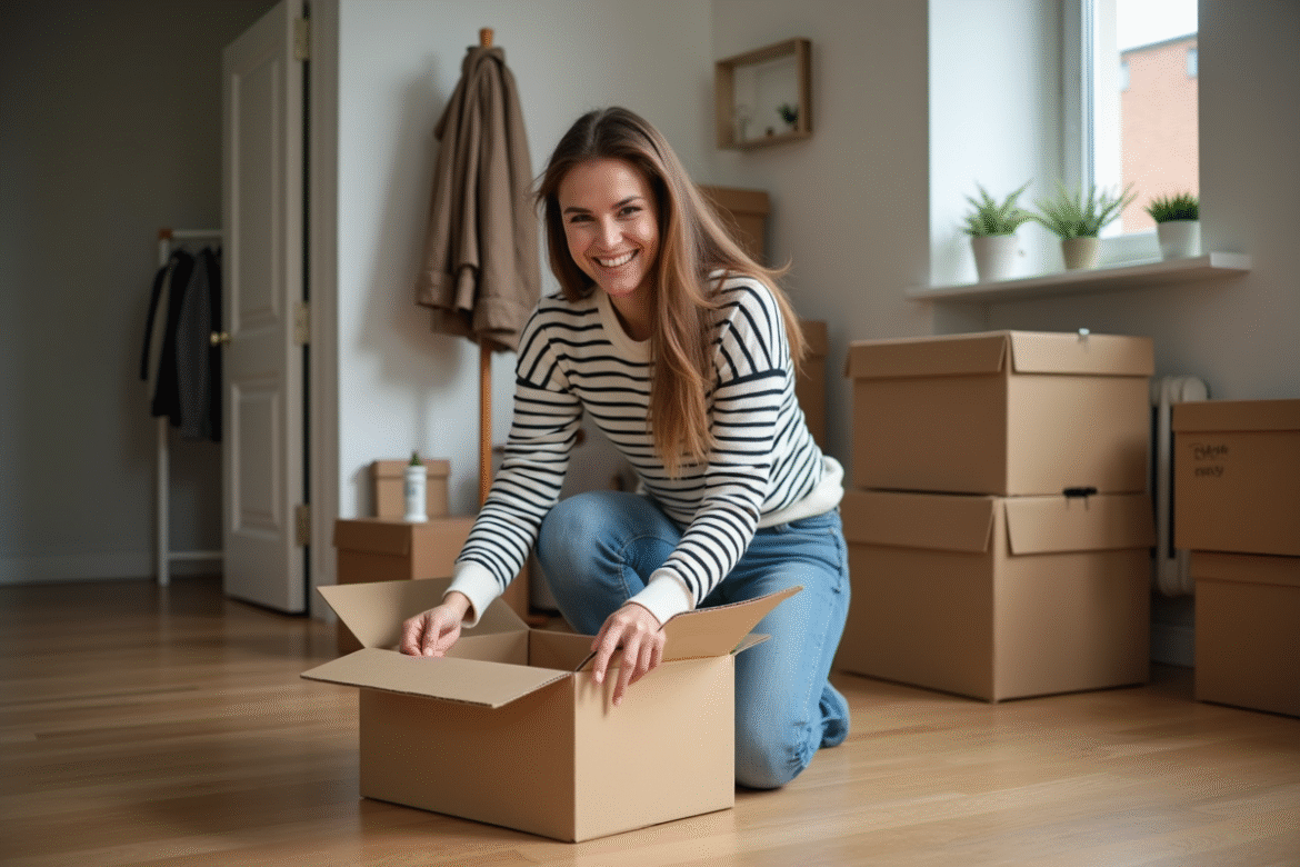 Jeune femme souriante emballant une caisse de déménagement