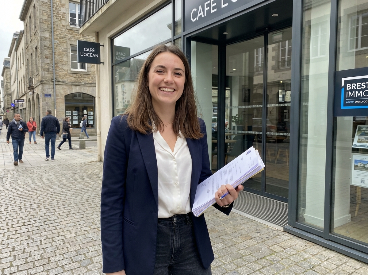 Jeune entrepreneure souriante devant sa boutique à Brest