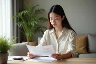 Jeune femme asiatique examine un contrat de location dans un appartement