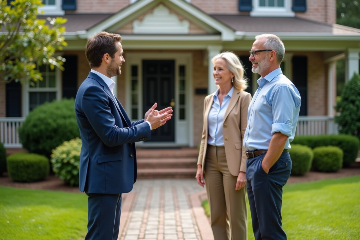 Jeune homme parlant avec un couple dans un jardin soigné