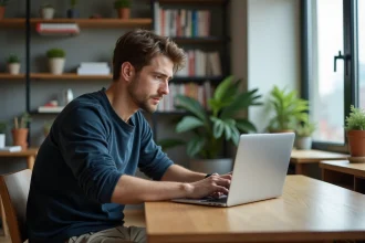 Jeune homme lisant des avis en ligne dans un appartement moderne