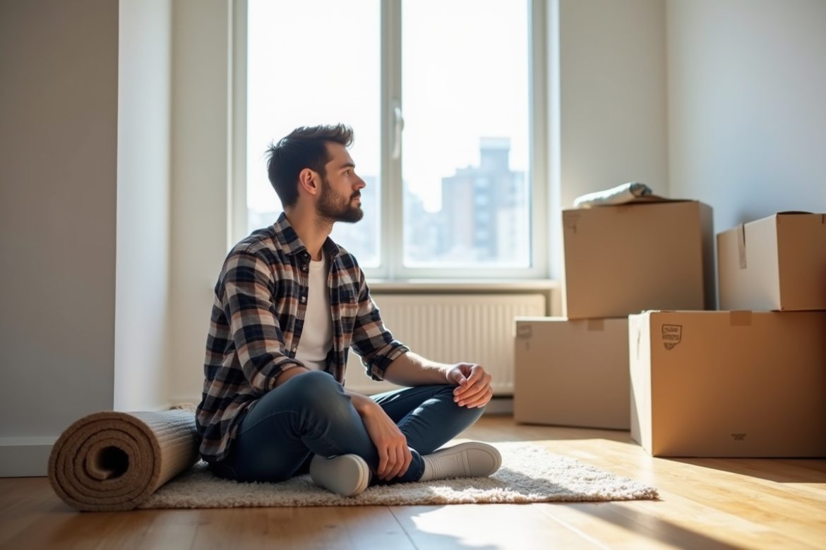 Jeune homme pensif dans un appartement vide avec cartons
