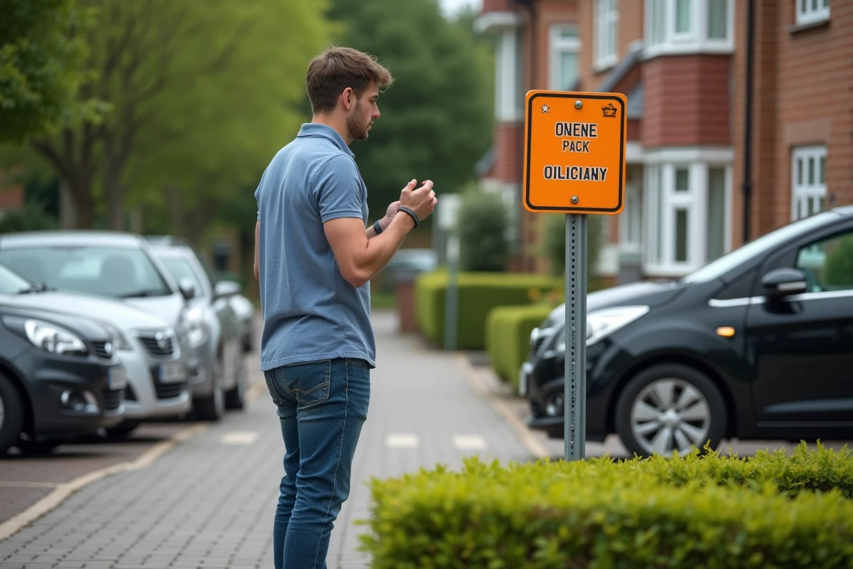 Jeune homme lisant un panneau de stationnement visiteur