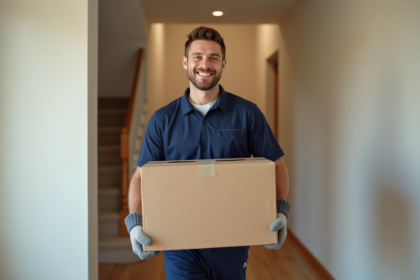 Jeune déménageur souriant portant une boîte dans un couloir