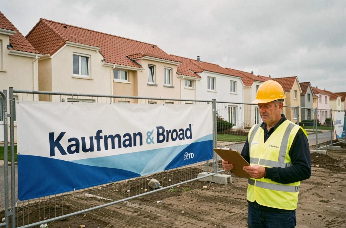 Chef de chantier devant un programme de maisons neuves Kaufman and Broad en Normandie
