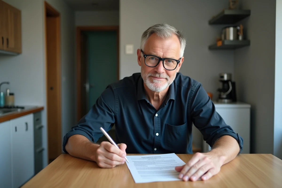 Locataire lisant attentivement les clauses de superficie dans un contrat de bail d'appartement