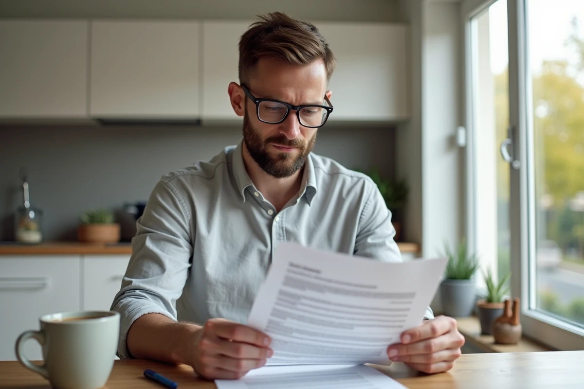 Homme lisant attentivement un mandat de vente iad avec les frais d'agence détaillés à son domicile