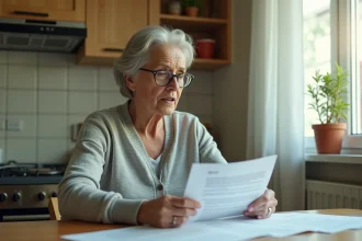 Locataire examinant un contrat de bail et des documents liés à la hausse des loyers dans une cuisine d'appartement