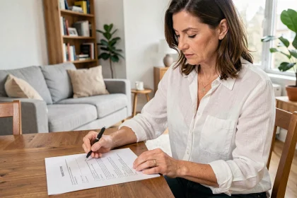 Locataire vérifiant une liste de mobilier pour location meublée avec un stylo et un document imprimé à une table en bois
