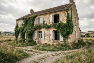 Maison abandonnée en pierre avec panneau 'à donner' en campagne française, idéale pour investissement immobilier sans apport