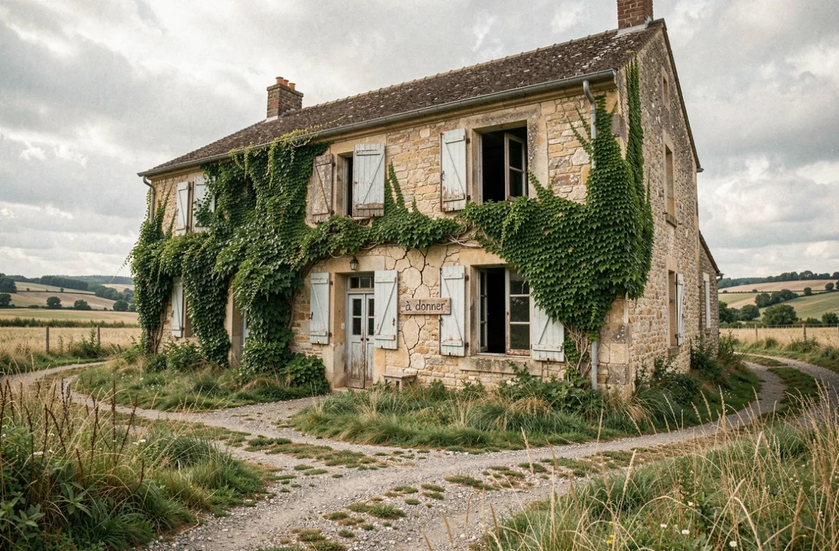 Maison abandonnée en pierre avec panneau 'à donner' en campagne française, idéale pour investissement immobilier sans apport