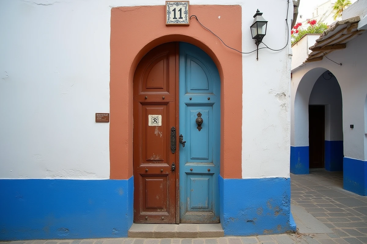 Porte d'entrée d'une maison traditionnelle à louer dans la médina d'Essaouira avec boîte à clés sécurisée