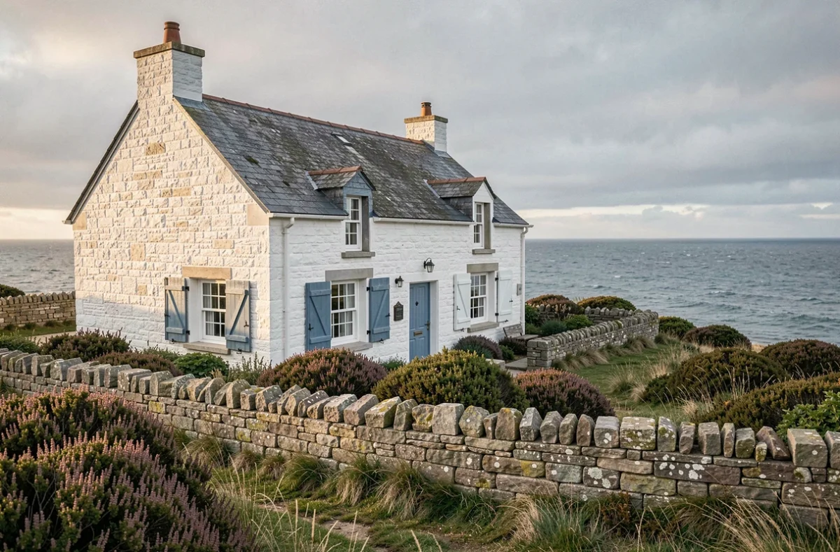 Maison de pêcheur en pierre bretonne avec vue mer sur une falaise côtière, volets bleus et végétation sauvage