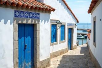 Façade d'une petite maison de pêcheur traditionnelle au Portugal avec murs blanchis à la chaux, carreaux azulejos bleus et ruelle en pavés menant au port