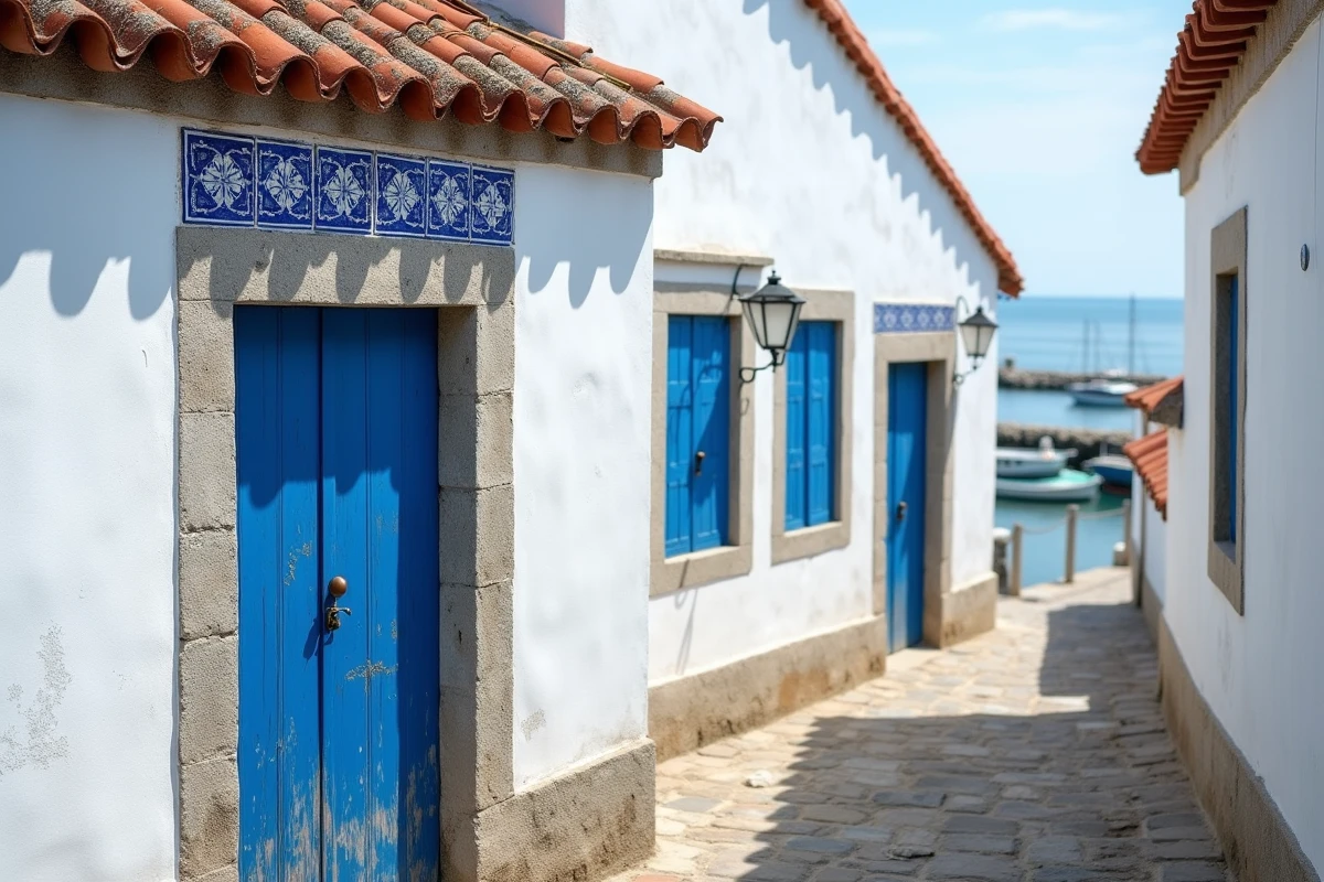 Façade d'une petite maison de pêcheur traditionnelle au Portugal avec murs blanchis à la chaux, carreaux azulejos bleus et ruelle en pavés menant au port