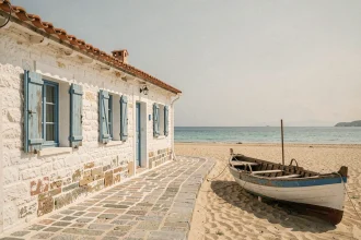 Maison de pêcheur traditionnelle méditerranéenne avec accès direct à la plage et volets bleus