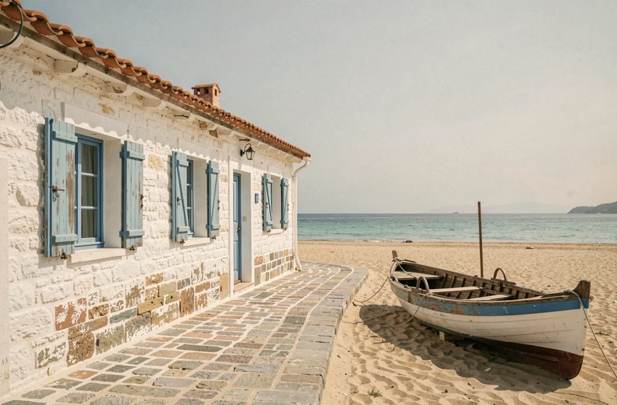 Maison de pêcheur traditionnelle méditerranéenne avec accès direct à la plage et volets bleus