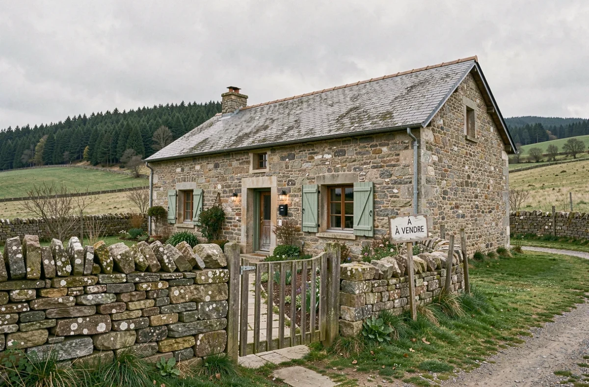 Maison en pierre typique de Lozère mise en vente lors d'un divorce, affichant un prix en dessous du marché immobilier local