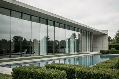 Façade extérieure d'un manoir de luxe ultra-moderne complètement vide avec piscine à débordement et jardins impeccables