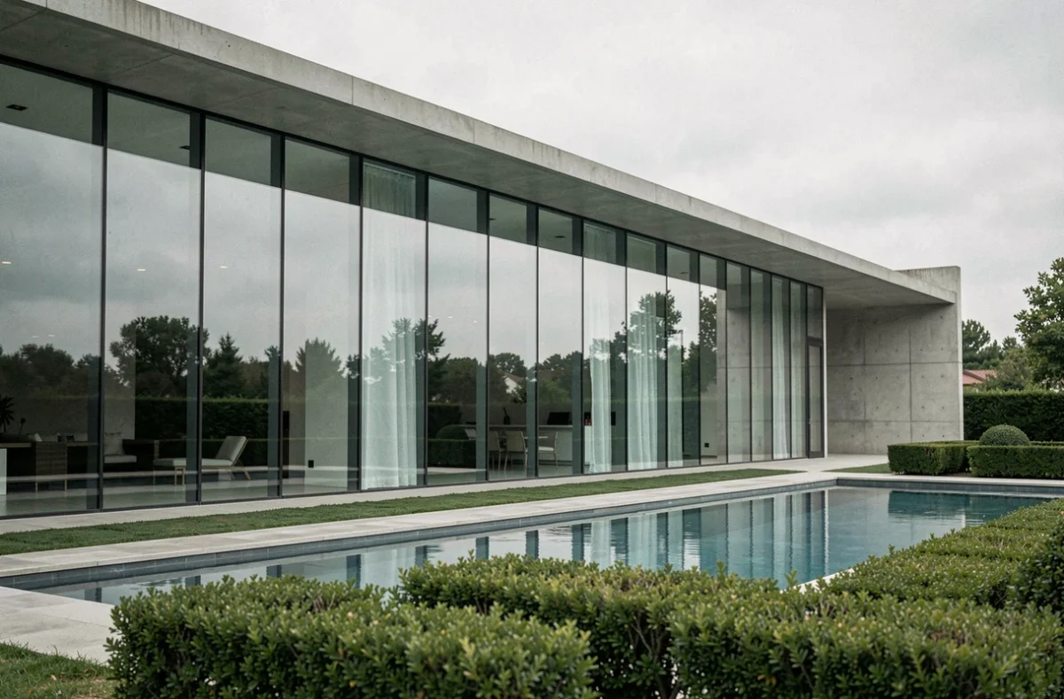 Façade extérieure d'un manoir de luxe ultra-moderne complètement vide avec piscine à débordement et jardins impeccables