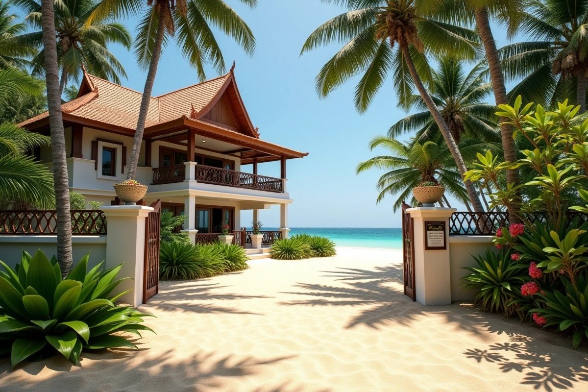 Maison de style thaïlandais avec panneau à vendre en bord de mer en Thaïlande entourée de palmiers
