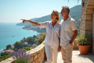 Couple devant une maison vue mer abordable dans le sud de la France avec terrasse en pierre et vue sur la côte méditerranéenne