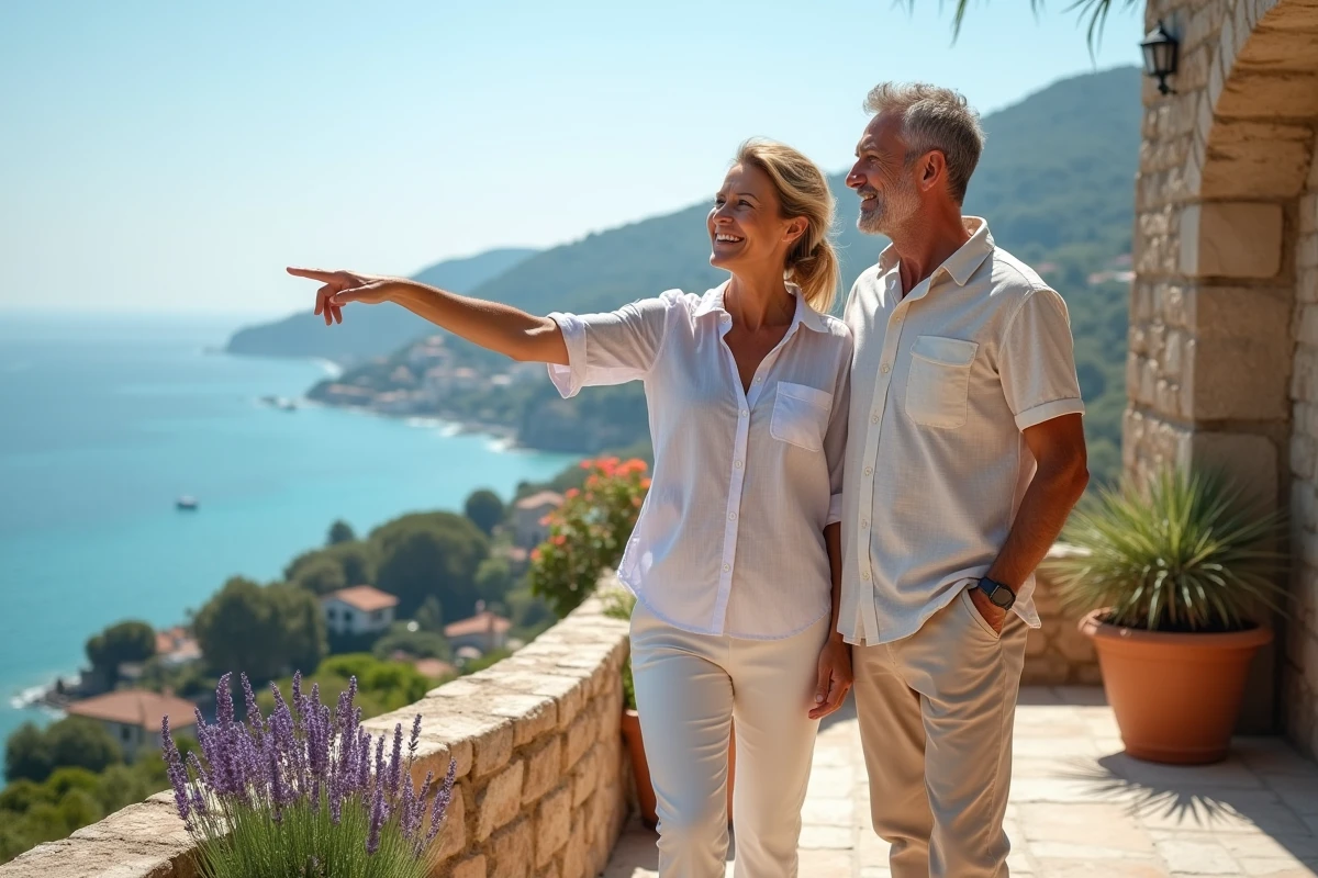 Couple devant une maison vue mer abordable dans le sud de la France avec terrasse en pierre et vue sur la côte méditerranéenne