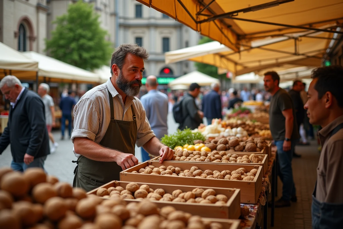 Marché extérieur animé sur une place de Brive-la-Gaillarde avec producteurs locaux et habitants