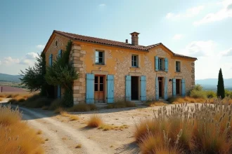 Mas provençal abandonné avec volets bleus décrépits entouré de végétation sauvage en PACA