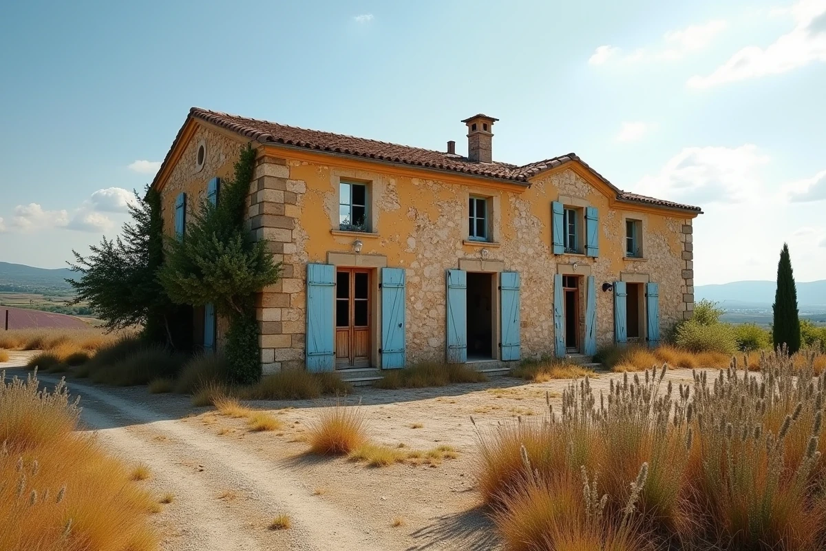 Mas provençal abandonné avec volets bleus décrépits entouré de végétation sauvage en PACA
