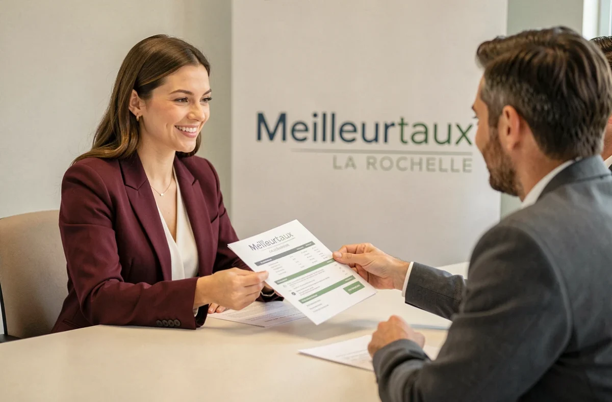 Conseillère Meilleurtaux La Rochelle remettant une comparaison de prêts immobiliers à des clients