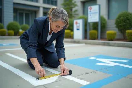 Femme mesurant une place de parking avec un mètre