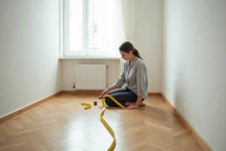 Femme mesurant la superficie d'une chambre vide avec un mètre ruban dans un appartement en location