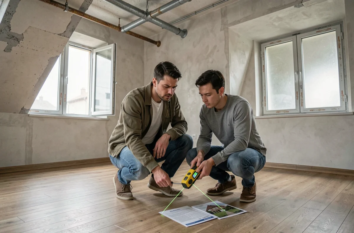 Couple mesurant la surface réelle d'un appartement avec un télémètre laser lors d'une visite immobilière