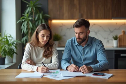 Couple en négociation immobilière dans un appartement moderne
