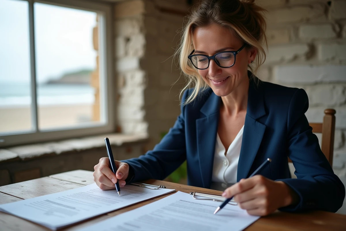 Femme agent immobilier analysant un rapport d'estimation de bien côtier normand à l'intérieur d'une maison en bord de mer