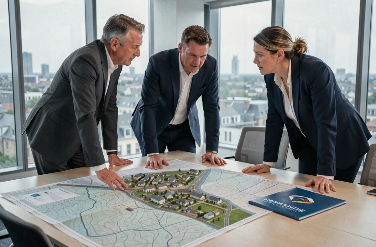 Équipe d'urbanistes Normandie Aménagement étudiant un projet d'aménagement territorial dans le Calvados