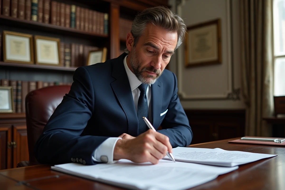 Notaire marchand de biens examinant les clauses d'un acte de vente immobilier dans son étude à Paris