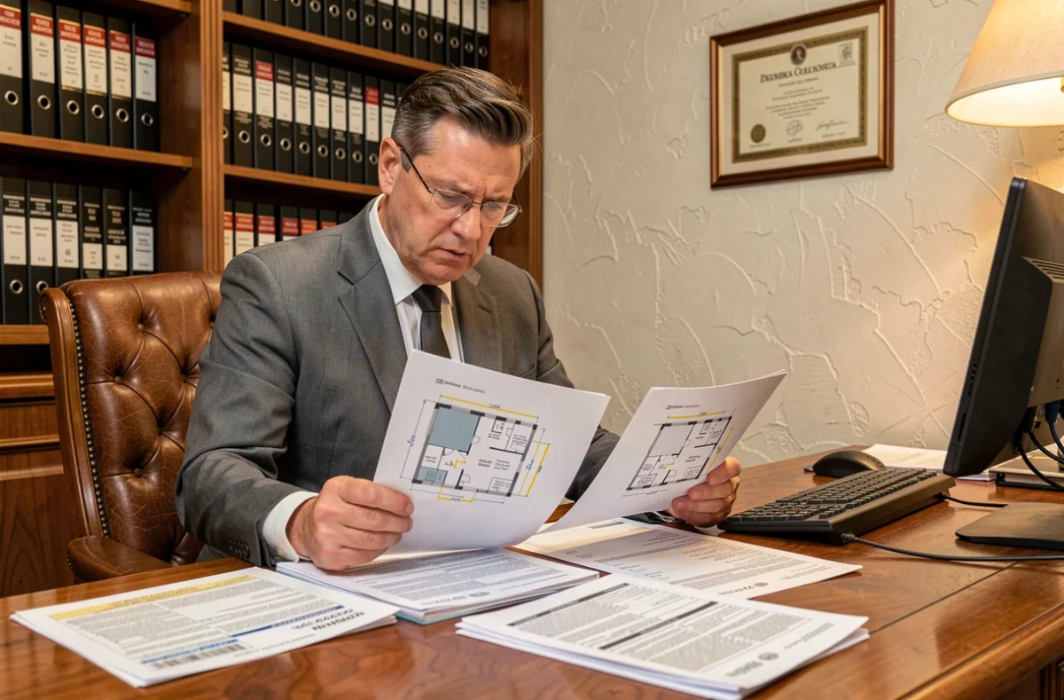 Notaire comparant des plans de surface privative et des documents cadastraux lors d'une transaction immobilière
