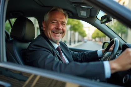 Notaire souriant dans sa voiture à Limoges