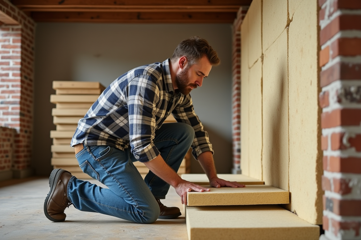 Ouvrier posant de la laine mineral dans un mur ancien