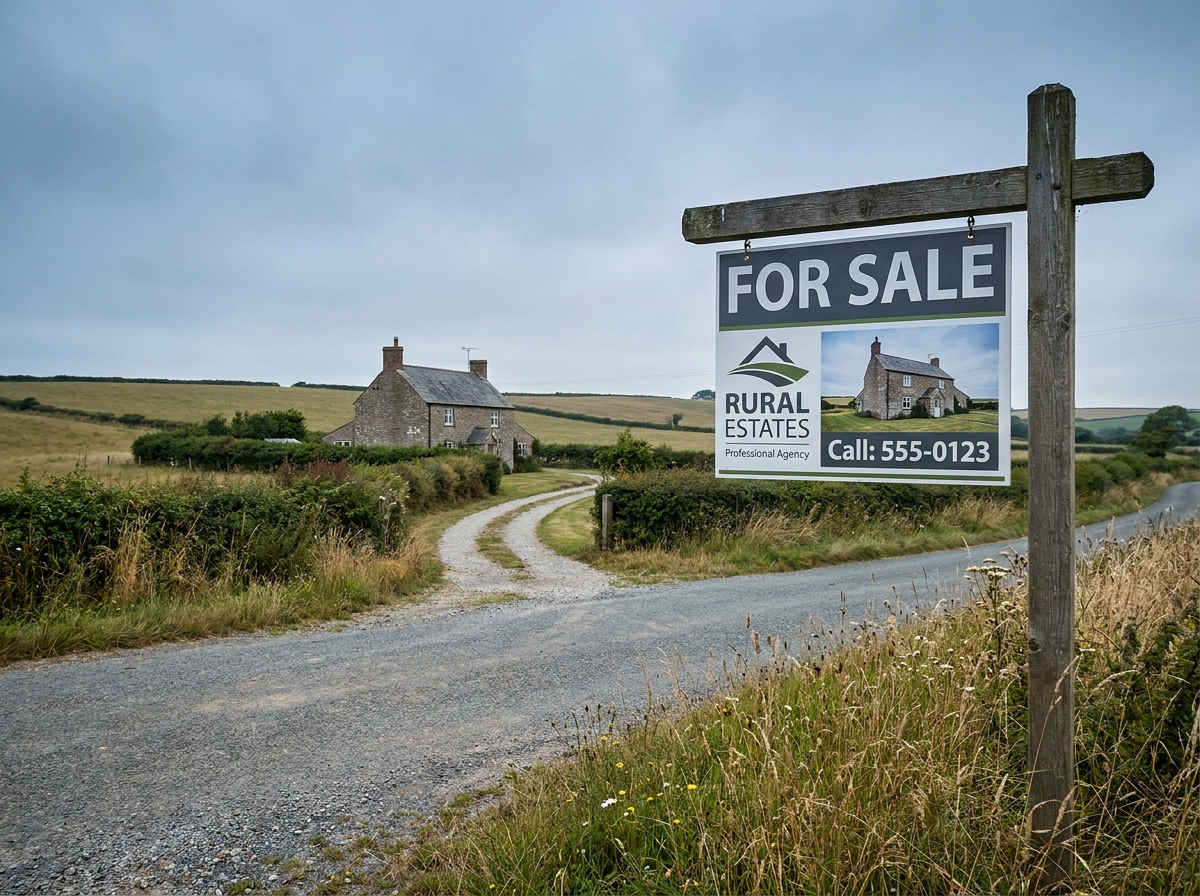 Panneau immobilier À VENDRE planté au bord d'une route de campagne devant une ferme en pierre, illustrant l'utilisation des panneaux en zones rurales et périurbaines