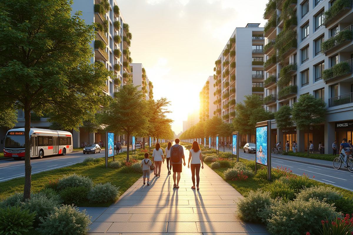 Parc urbain intelligent avec familles et jardins verticaux en après-midi