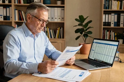 Particulier consultant l'indice ICC de l'INSEE sur des documents imprimés dans un bureau à domicile