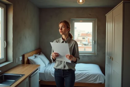 Jeune femme tenant un contrat de location dans un petit studio compact avec murs en béton et lit escamotable