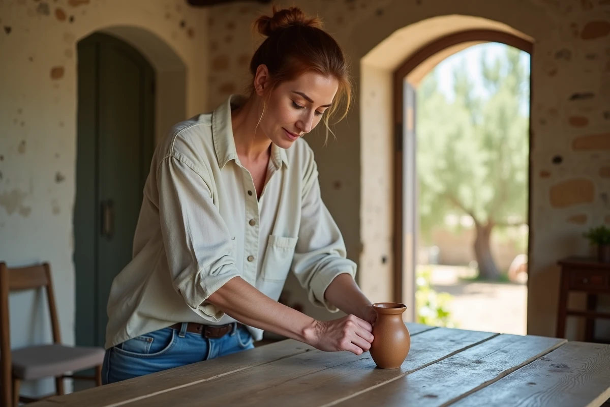 Femme préparant la décoration intérieure d'une maison en pierre du Gard pour une vente rapide suite à un divorce